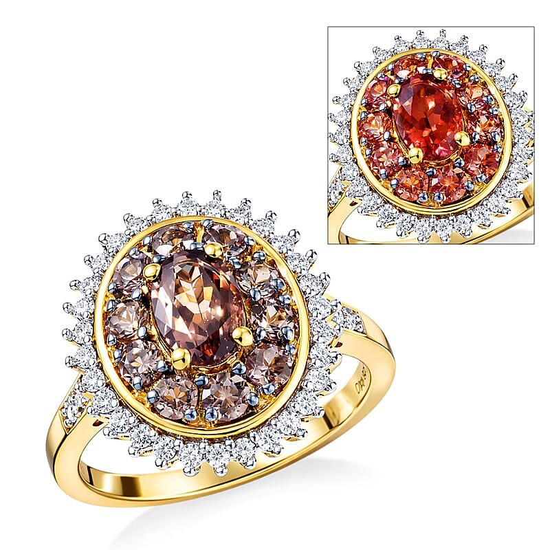 D'Joy Premium Madagascar Color Change Garnet and Moissanite 2.30 ctw Eclipse Halo Ring in 18K Vermeil Yellow Gold Over Sterling Silver (Size 10.0)