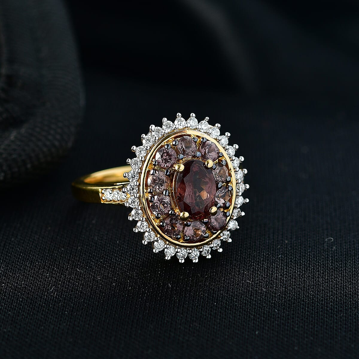 D'Joy Premium Madagascar Color Change Garnet and Moissanite 2.30 ctw Cluster Ring in 18K Vermeil Yellow Gold Over Sterling Silver (Size 8.0) image number 1