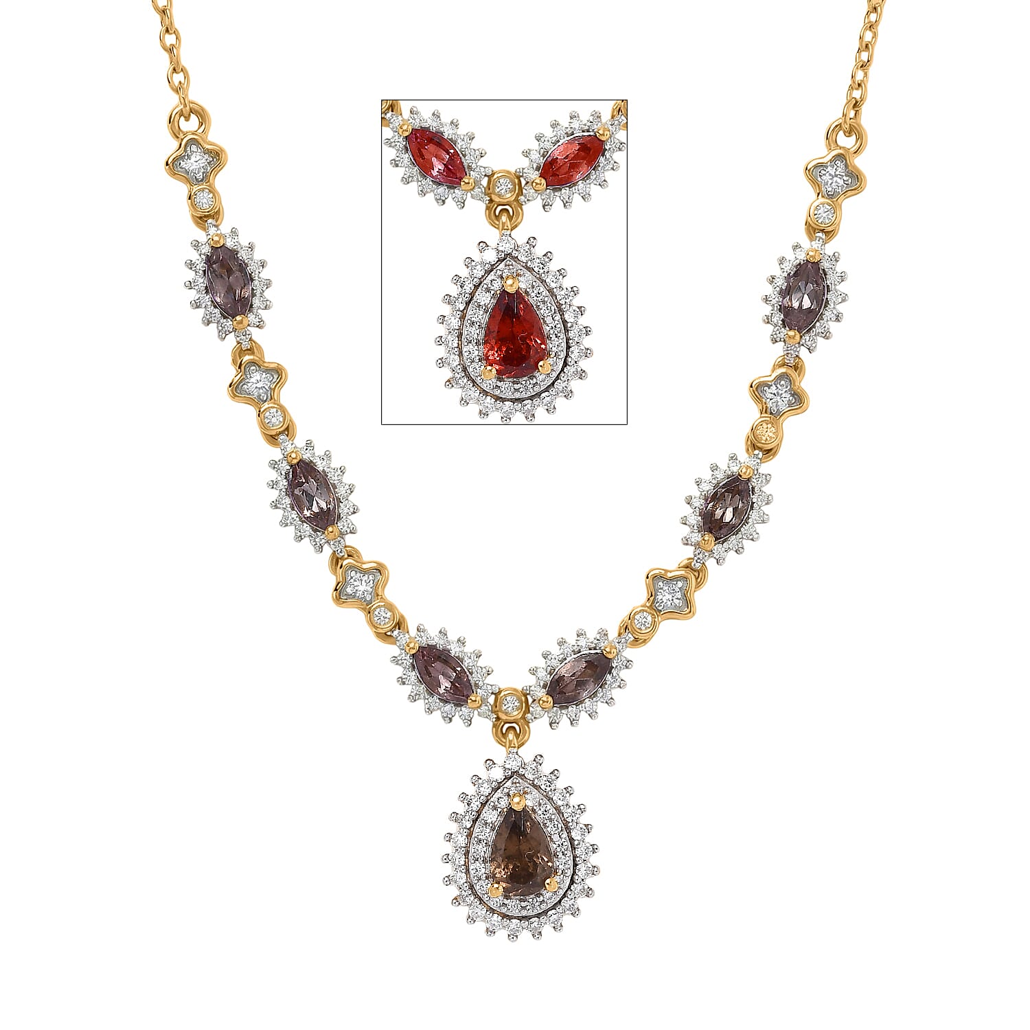 D'Joy Premium Madagascar Color Change Garnet and Moissanite 2.25 ctw Luminous Cascade Necklace in 18K Vermeil Yellow Gold Over Sterling Silver 18 Inches 