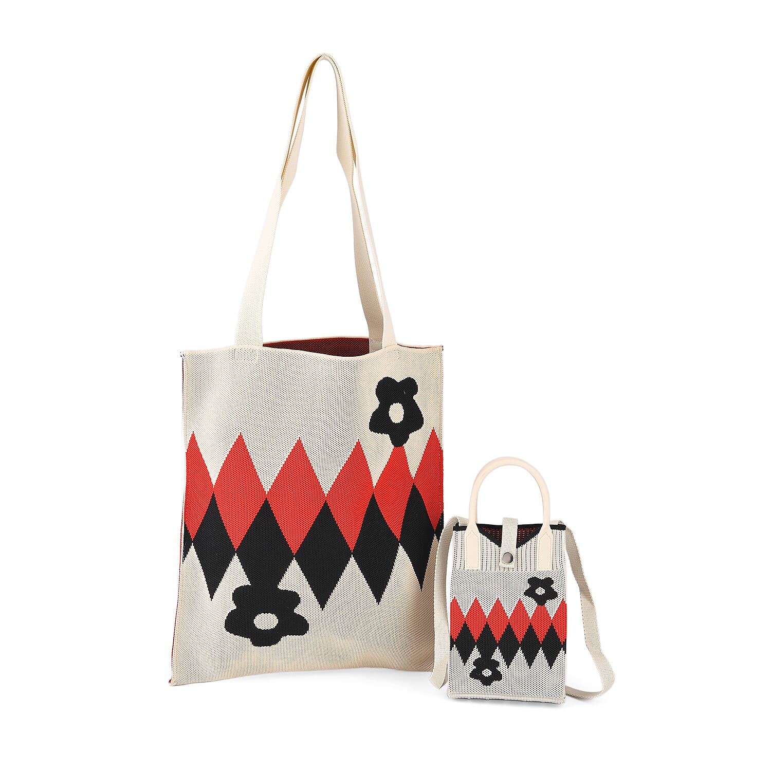 La Marey Cream Geometric Diamond Pattern Tote Bag and Crossbody Bag