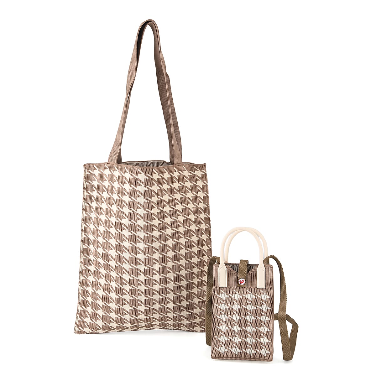 La Marey Mocha Brown Classic Houndstooth Tote Bag and Crossbody Bag image number 0
