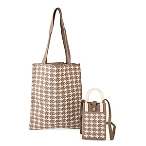 La Marey Mocha Brown Classic Houndstooth Tote Bag and Crossbody Bag