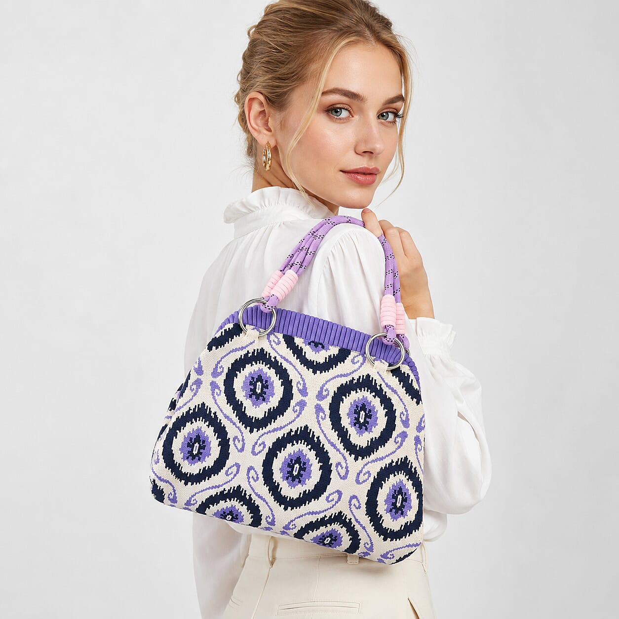 Lay Marey Purple Floral Pattern Knitted Handbag