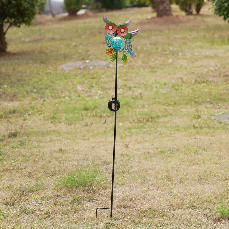 LIvmore Yellow Iron and Glass Owl Solar Spinner Stake