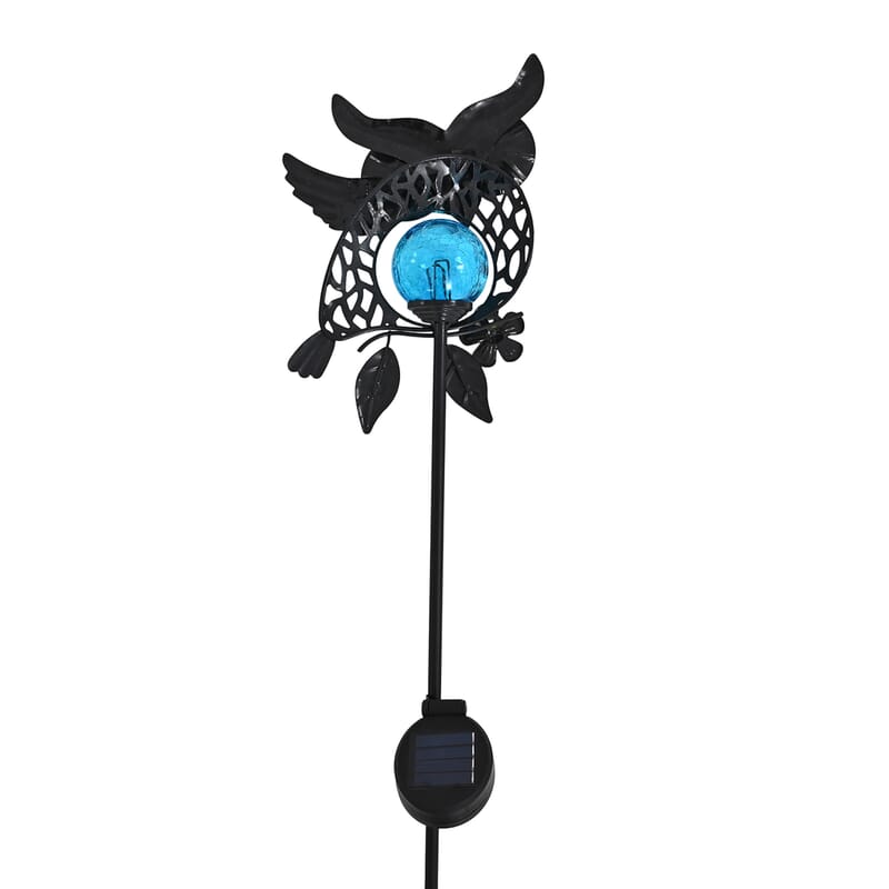 LIvmore Yellow Iron and Glass Owl Solar Spinner Stake