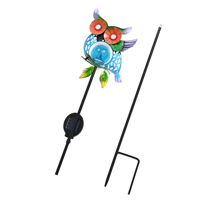 LIvmore Yellow Iron and Glass Owl Solar Spinner Stake