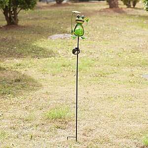 LIvmore Green Iron and Glass Frog Solar Spinner Stake