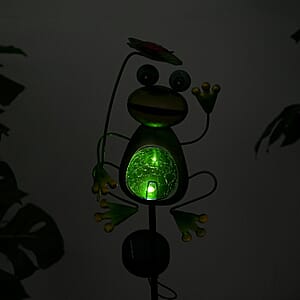 LIvmore Green Iron and Glass Frog Solar Spinner Stake