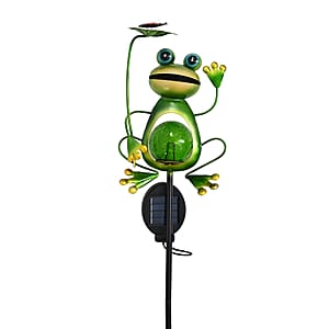 LIvmore Green Iron and Glass Frog Solar Spinner Stake