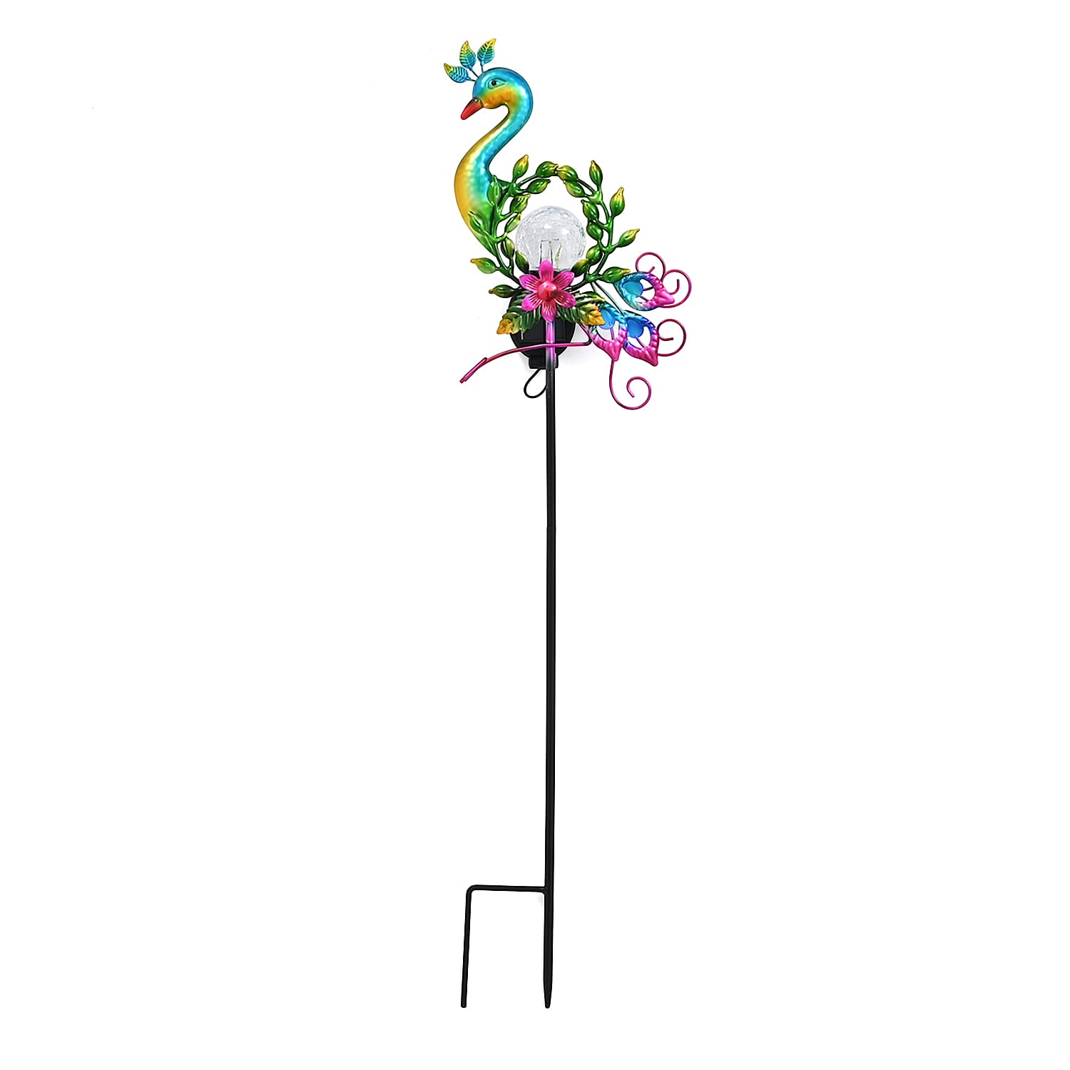 LIvmore Iron and Glass Decorative Solar Peacock Spinner Stake