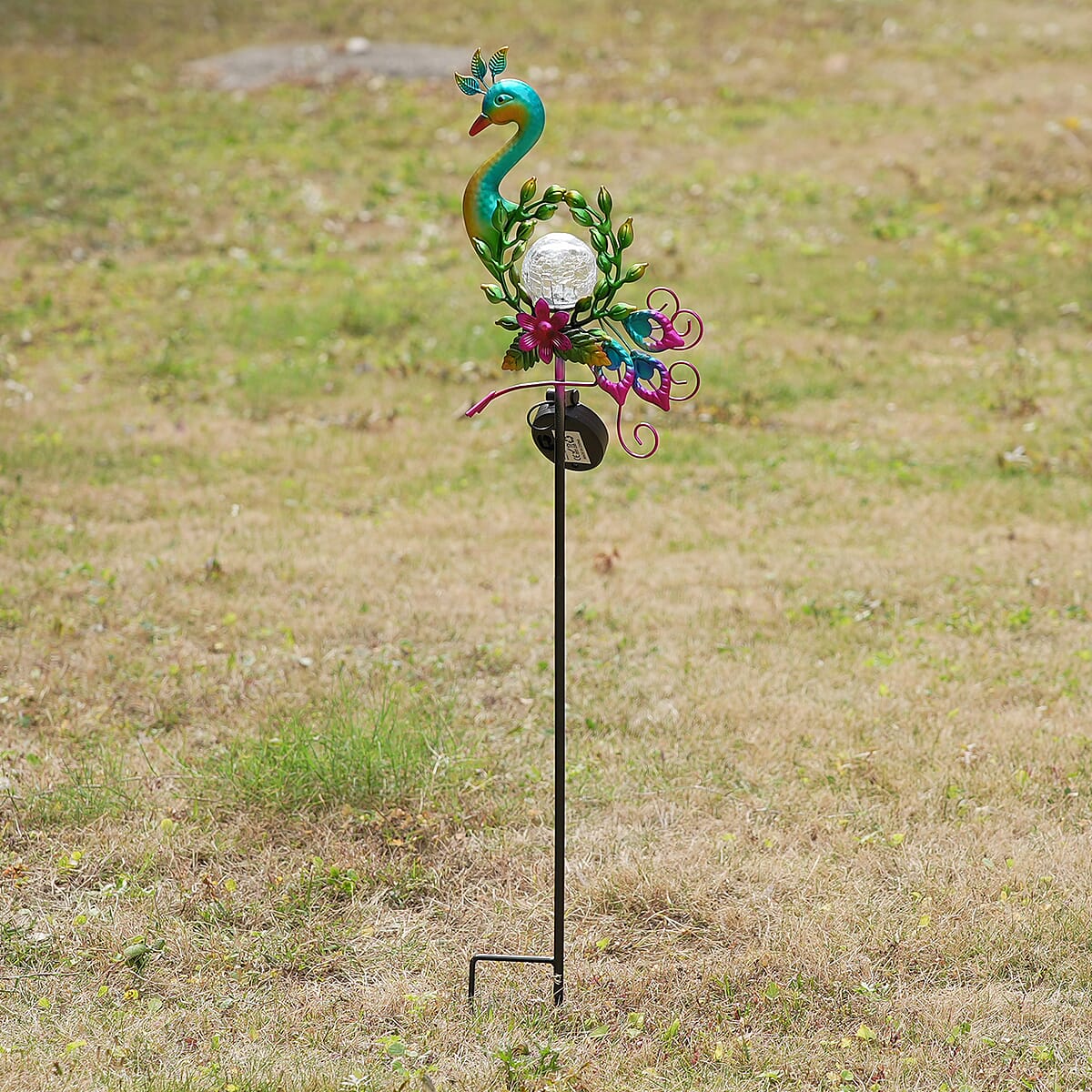 LIvmore Multi color Iron and Glass Peacock Solar Spinner Stake (7.87"x2.36"x32.68") image number 1