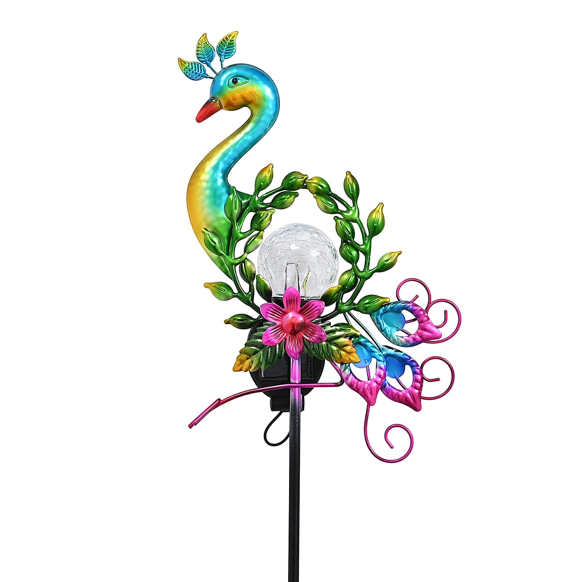 LIvmore Multi color Iron and Glass Peacock Solar Spinner Stake (7.87"x2.36"x32.68") image number 3