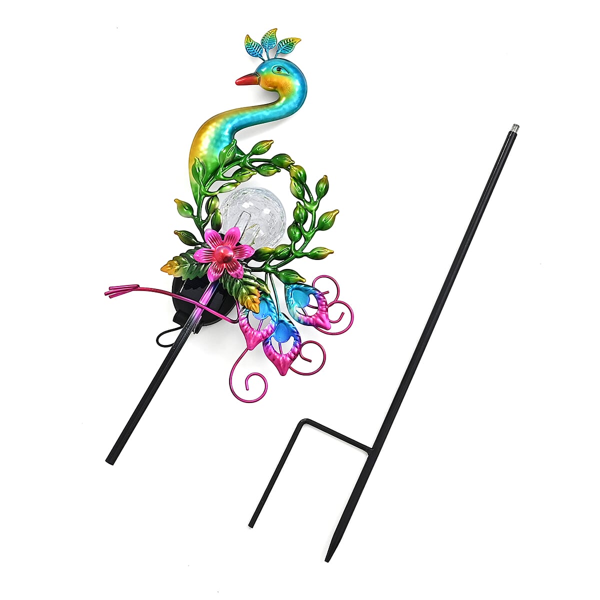 LIvmore Multi color Iron and Glass Peacock Solar Spinner Stake (7.87"x2.36"x32.68") image number 5