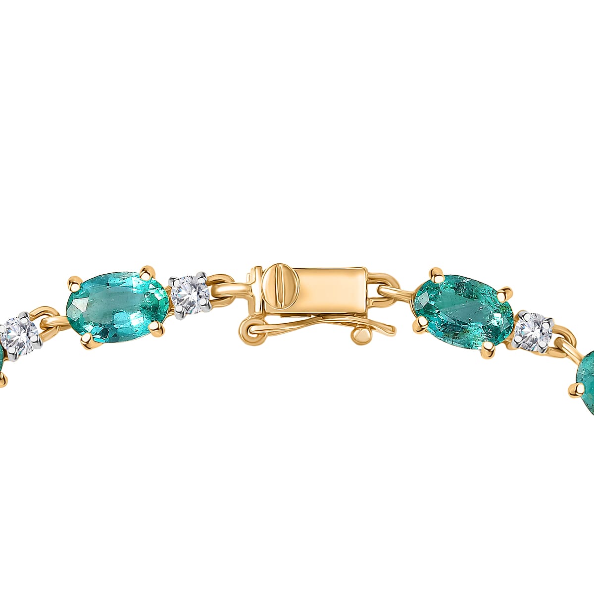 AAA Kagem Zambian Emerald and G-H SI Luxuriant Lab Grown Diamond 8.10 ctw Bracelet in 10K Yellow Gold (7.25 In) image number 3