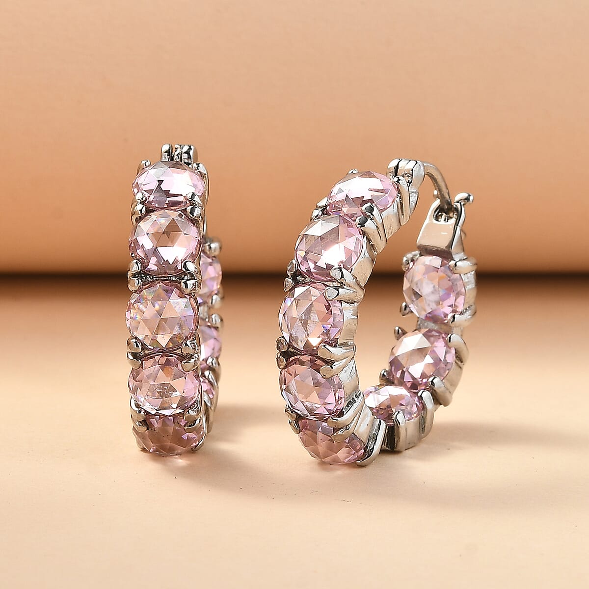 EverTrue Simulated Pink Diamond Hoop Earrings in Stainless Steel image number 1