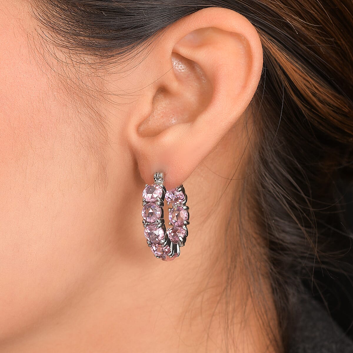 EverTrue Simulated Pink Diamond Hoop Earrings in Stainless Steel image number 2