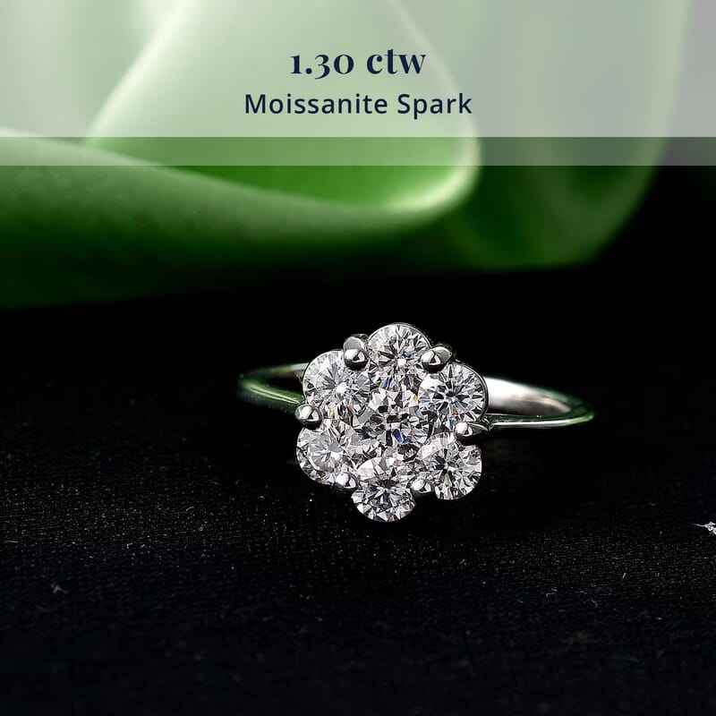 D'Joy Moissanite 1.30 ctw Floral Ring in Platinum Over Sterling Silver (Size 10.0)