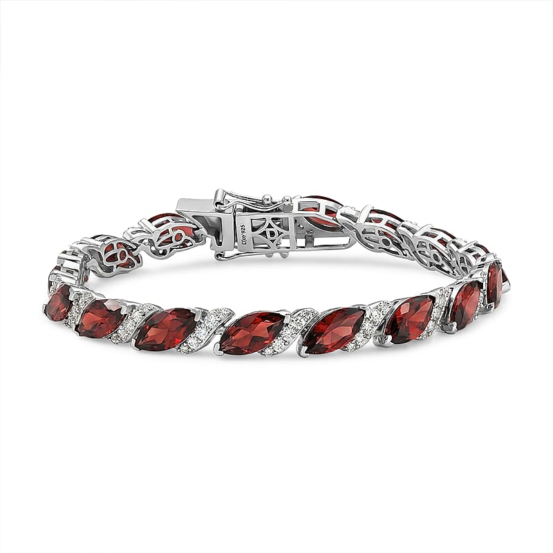 D'Joy Premium Mozambique Garnet and White Zircon 22.00 ctw Passion Wave Bracelet in Rhodium Over Sterling Silver (7.25 In)