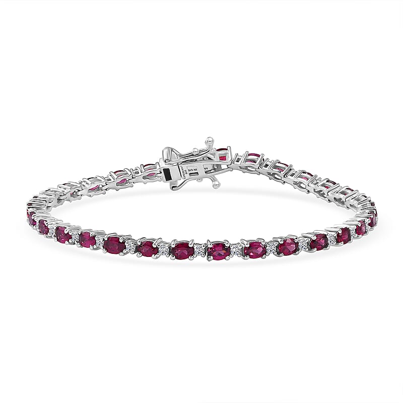 Premium Malawi Magenta Garnet and Luxuriant Lab Grown Diamond G-H SI 7.30 ctw Moonlit Line Bracelet in Rhodium Over Sterling Silver (7.25 In)