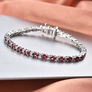 Premium Malawi Magenta Garnet and Luxuriant Lab Grown Diamond G-H SI 6.60 ctw Moonlit Line Bracelet in Rhodium Over Sterling Silver (6.50 In)