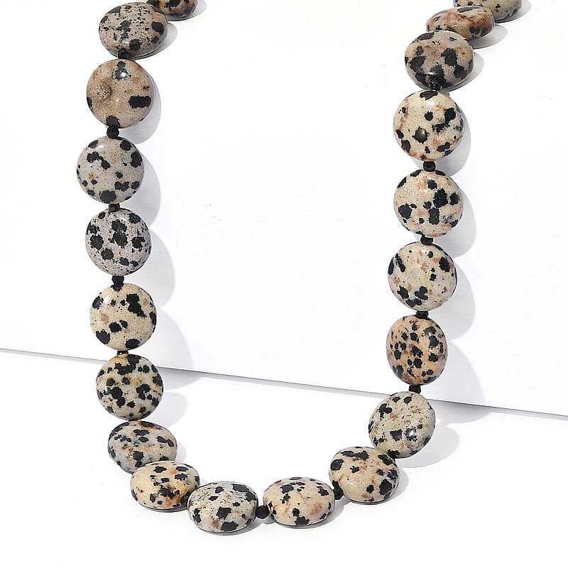 EverTrue Dalmation Jasper and Thai Black Spinel 198.00 ctw Beaded Necklace (18 Inches) in Stainless Steel