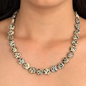 EverTrue Dalmation Jasper and Thai Black Spinel 198.00 ctw Beaded Necklace (18 Inches) in Stainless Steel