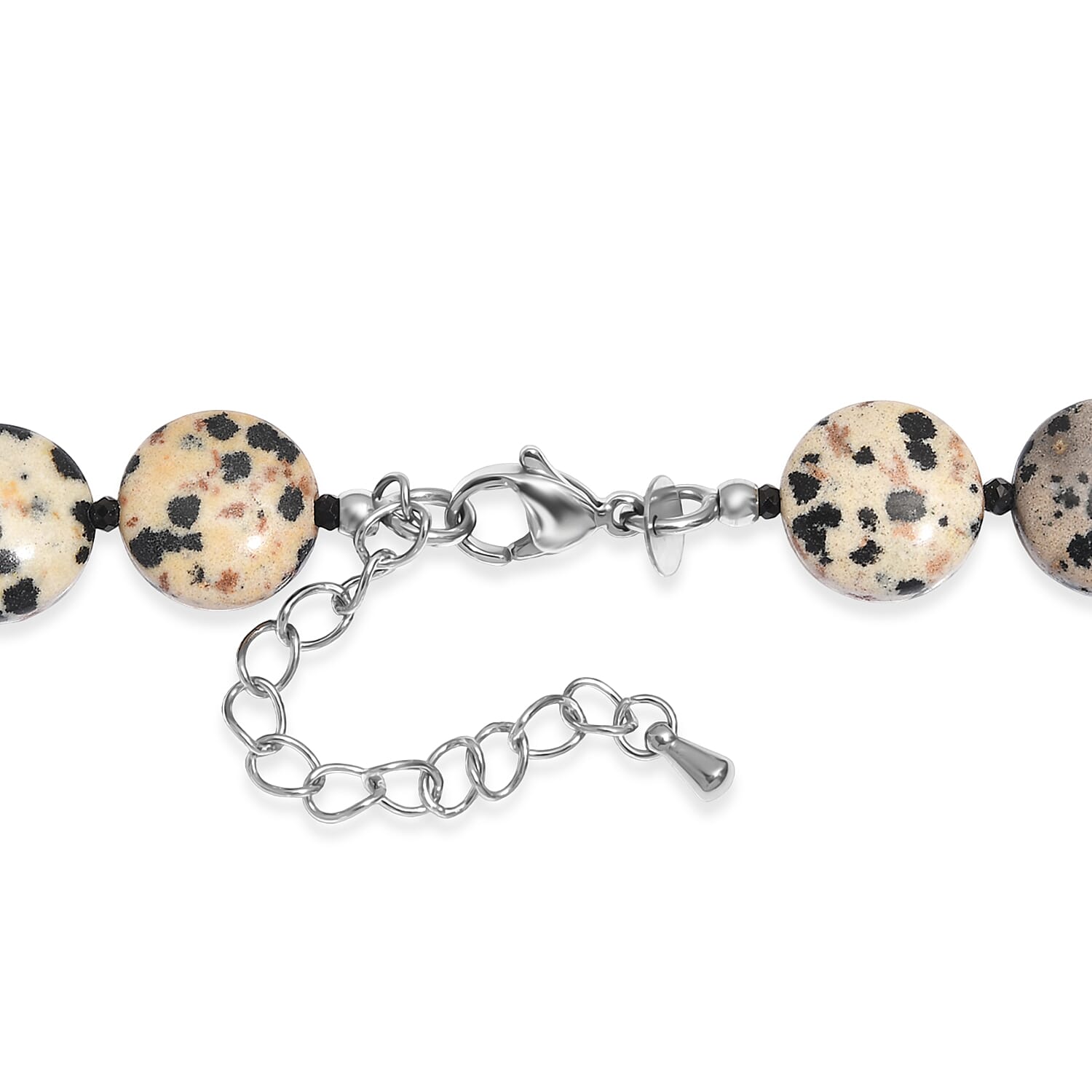 EverTrue Dalmation Jasper and Thai Black Spinel 198.00 ctw Beaded Necklace (18 Inches) in Stainless Steel