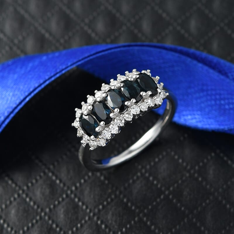 AAA Monte Belo Indicolite and Luxuriant Lab Grown Diamond G-H SI 1.50 ctw Starburst Elegance Ring in Rhodium Over Sterling Silver (Size 10.0)