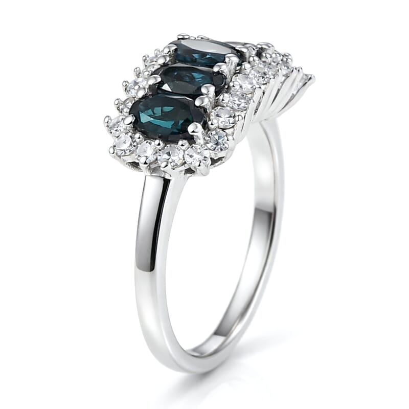 AAA Monte Belo Indicolite and Luxuriant Lab Grown Diamond G-H SI 1.50 ctw Starburst Elegance Ring in Rhodium Over Sterling Silver (Size 10.0)