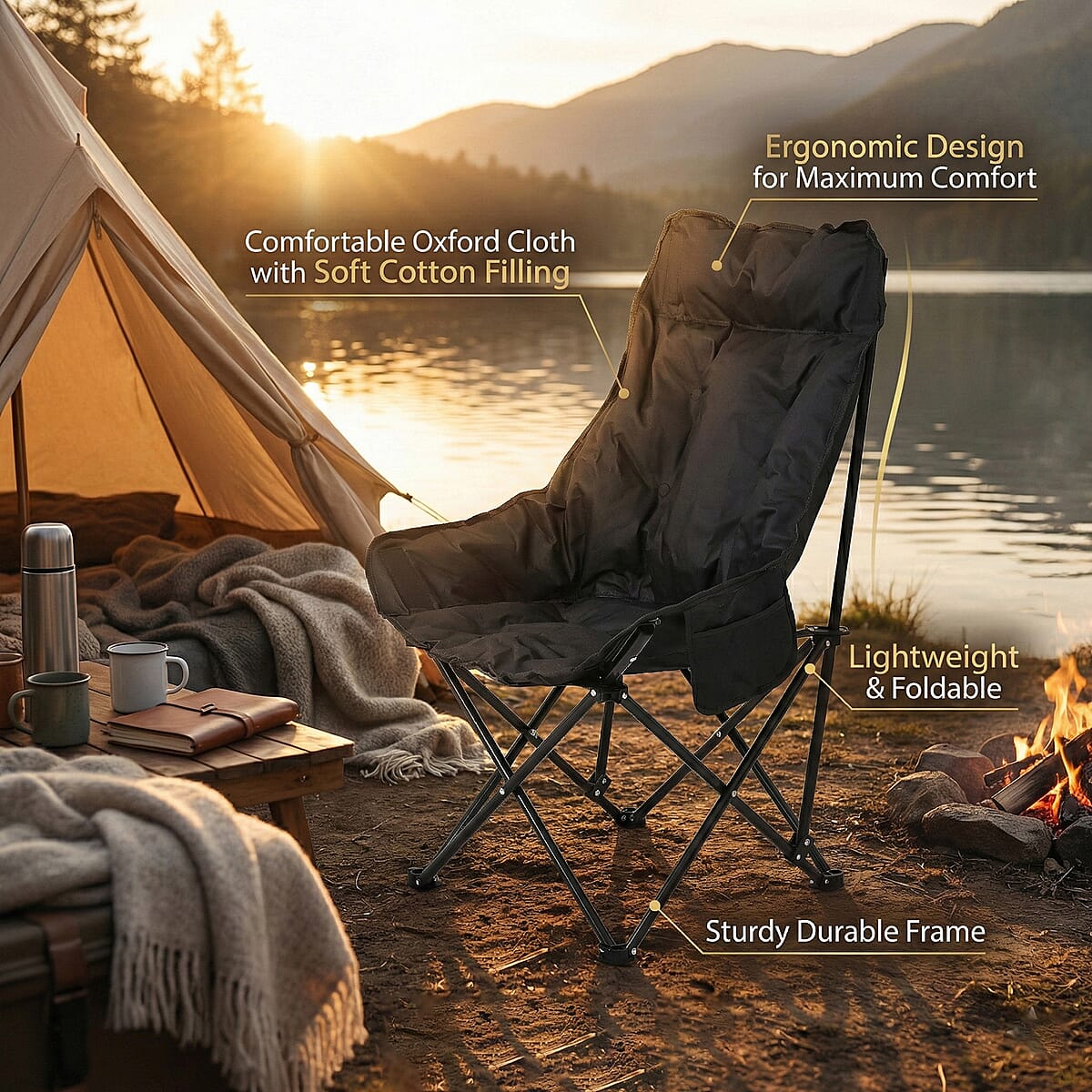 Livmore Black Cotton Filled Camping Chair image number 2