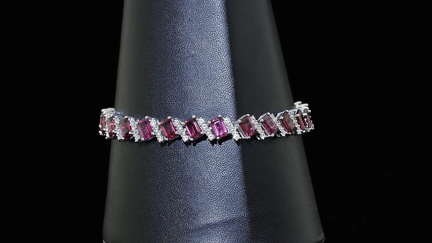 D'Joy AAA Radiant Ember Garnet, White Zircon Bracelet in Rhodium Over Sterling Silver (7.25 In) 20.70 ctw