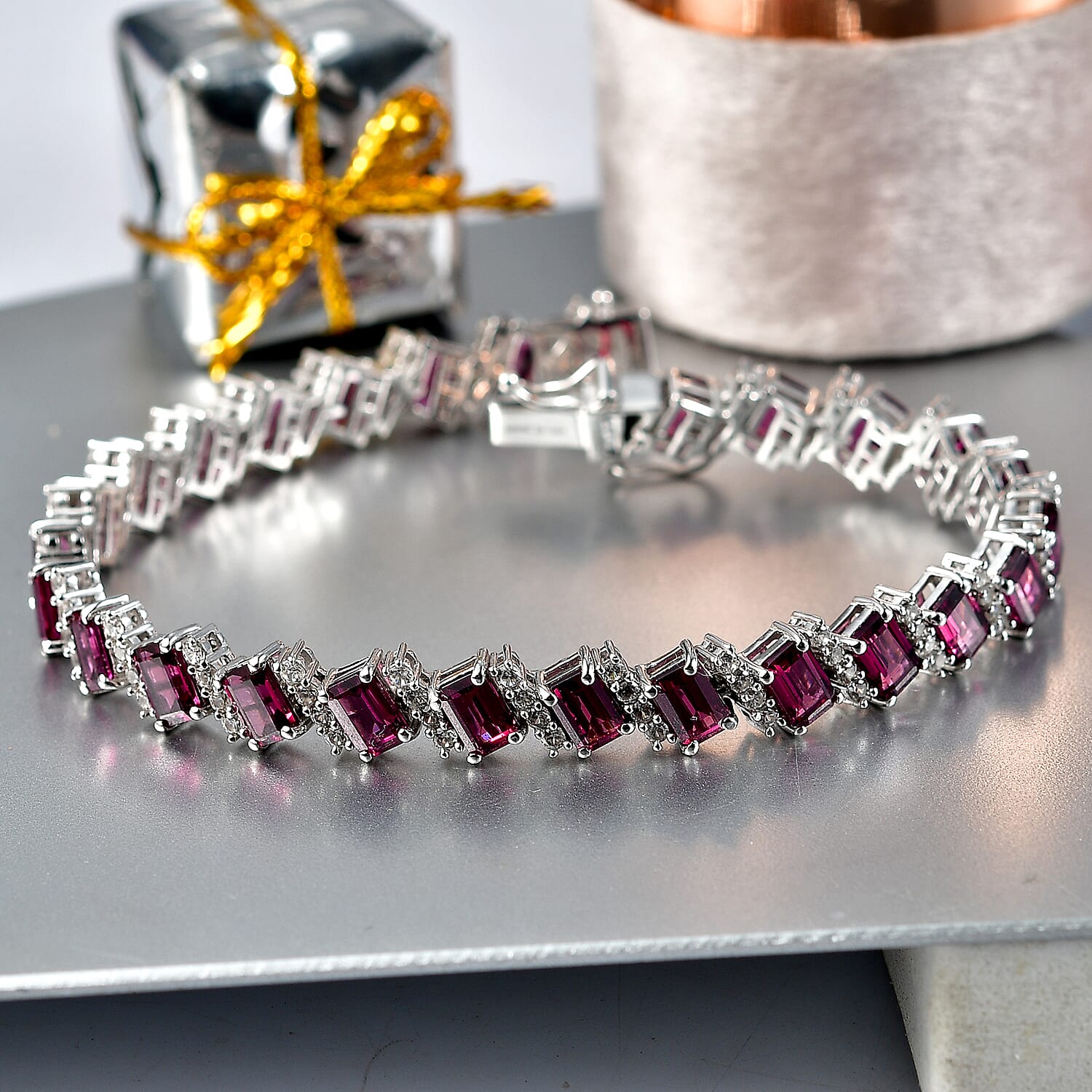 D'Joy AAA Radiant Ember Garnet and White Zircon 18.10 ctw Bracelet in Rhodium Over Sterling Silver (6.50 In)
