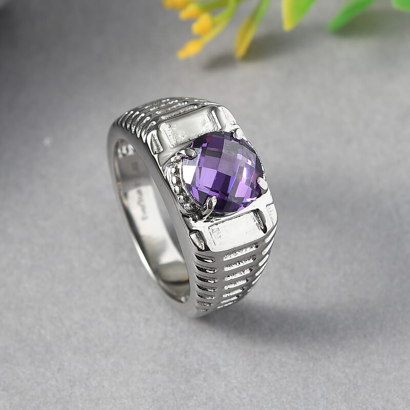EverTrue Simulated Amethyst Color Diamond Men's Ring in Stainless Steel (Size 10.0) 5.30 ctw
