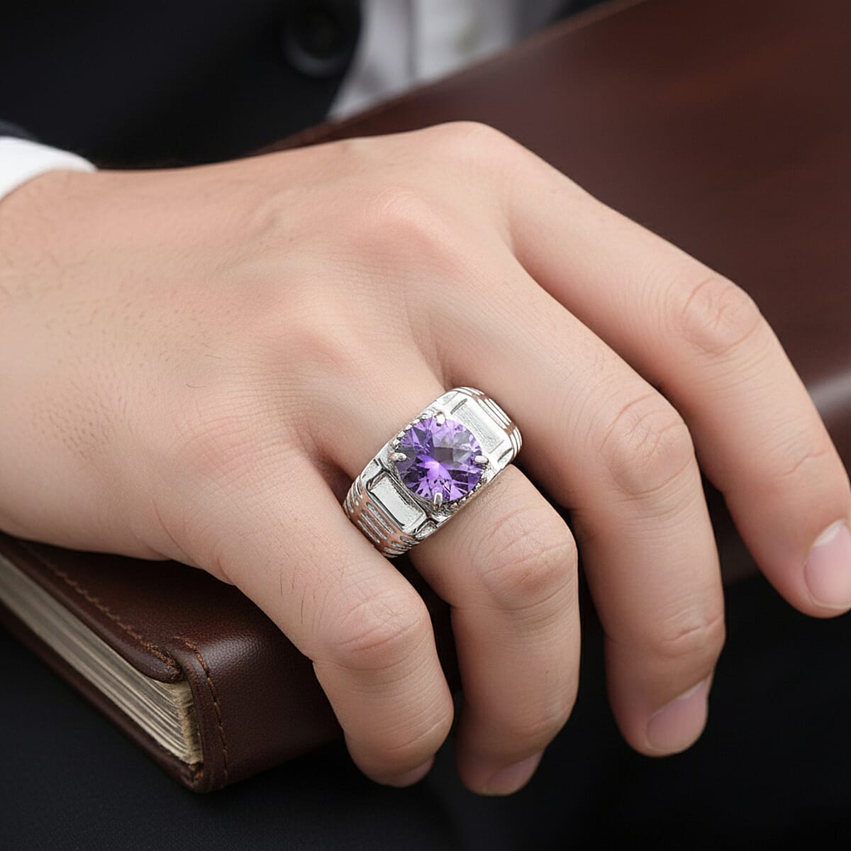 EverTrue Simulated Amethyst Color Diamond Men's Ring in Stainless Steel (Size 12.0) 5.30 ctw image number 2