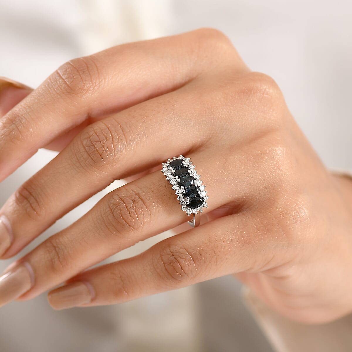 Premium Monte Belo Indicolite and Luxuriant Lab Grown Diamond G-H SI 1.50 ctw Ring in Rhodium Over Sterling Silver (Size 7.0) image number 2