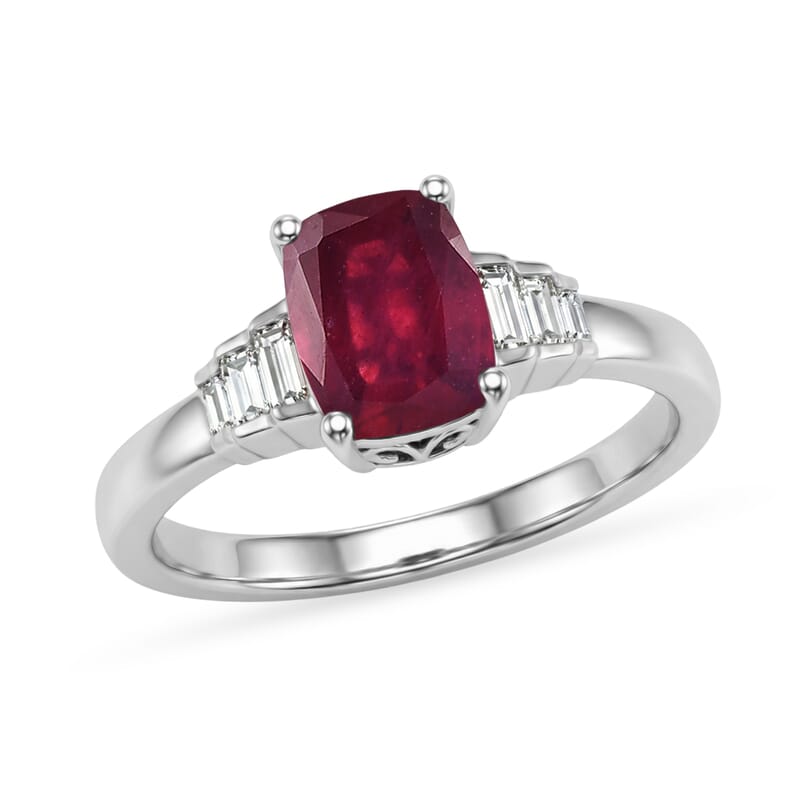 D'Joy Niassa Ruby (FF) and Moissanite 2.60 ctw Crimson Passion Ring in Rhodium Over Sterling Silver (Size 10.0)