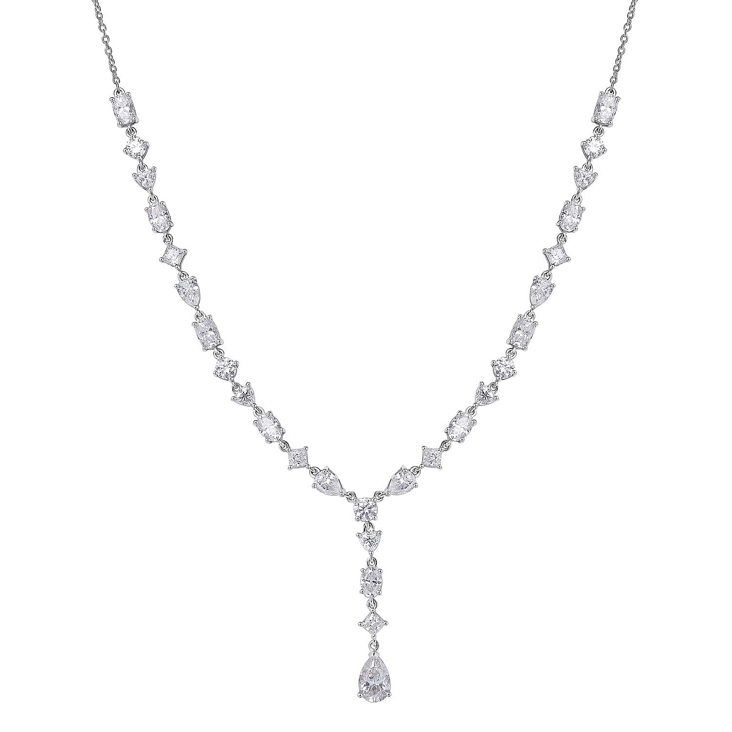D'Joy Moissanite 10.65 ctw Cascading Droplets Necklace in Rhodium Over Sterling Silver 18-20 Inches