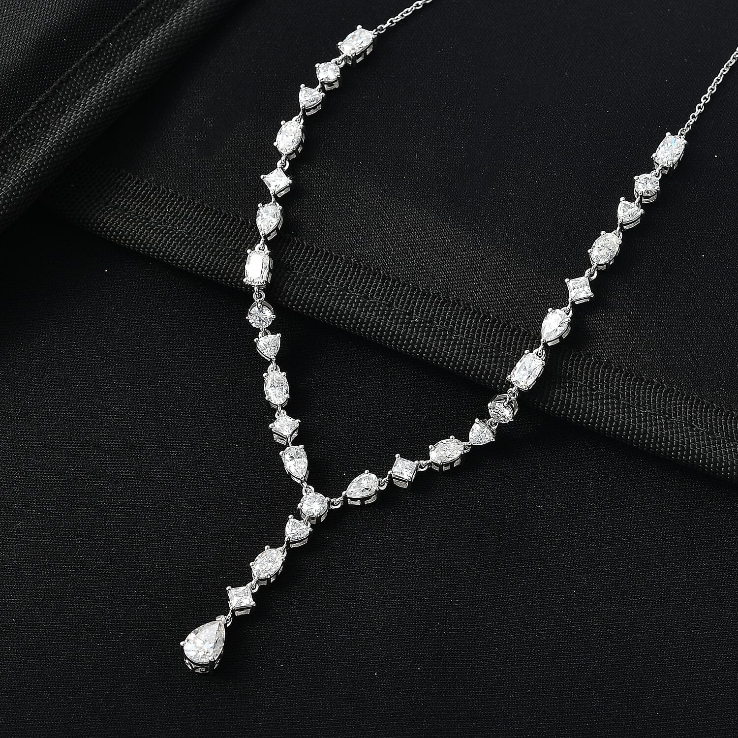 D'Joy Moissanite 10.65 ctw Cascading Droplets Necklace in Rhodium Over Sterling Silver 18-20 Inches