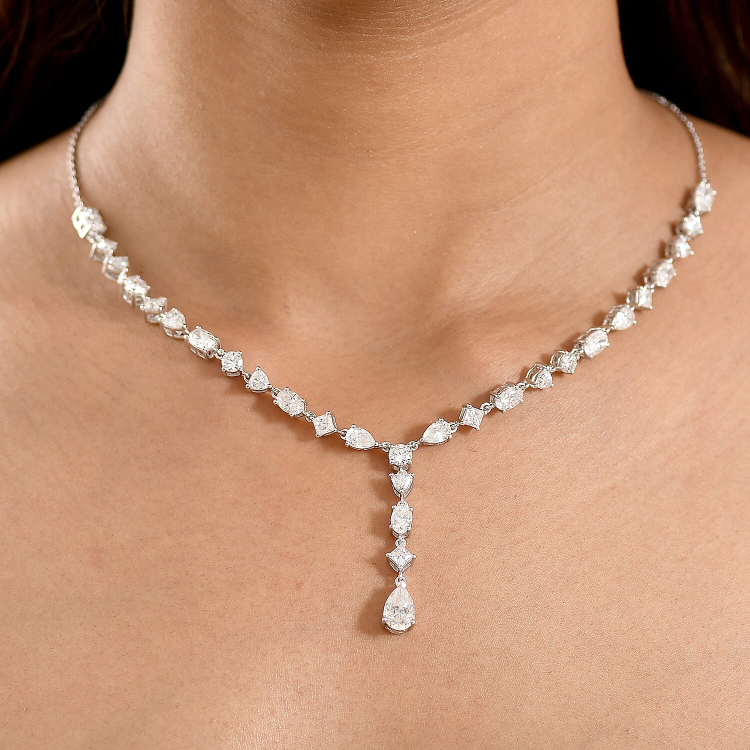 D'Joy Moissanite 10.65 ctw Cascading Droplets Necklace in Rhodium Over Sterling Silver 18-20 Inches