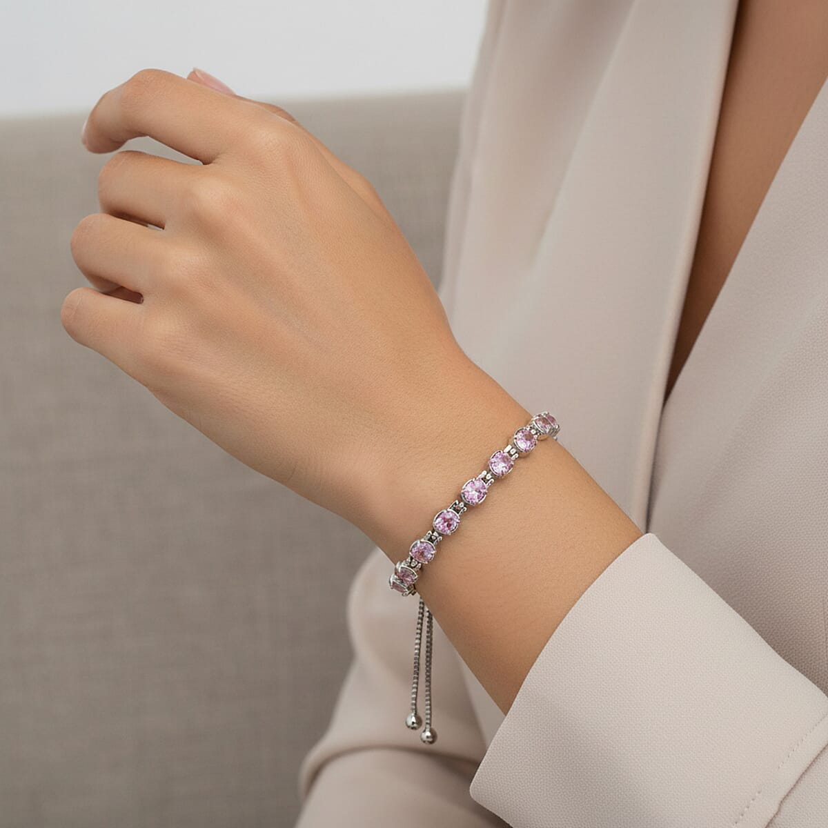 EverTrue Simulated Pink Diamond Fancy Bracelet in Stainless Steel (10.50 In) image number 2