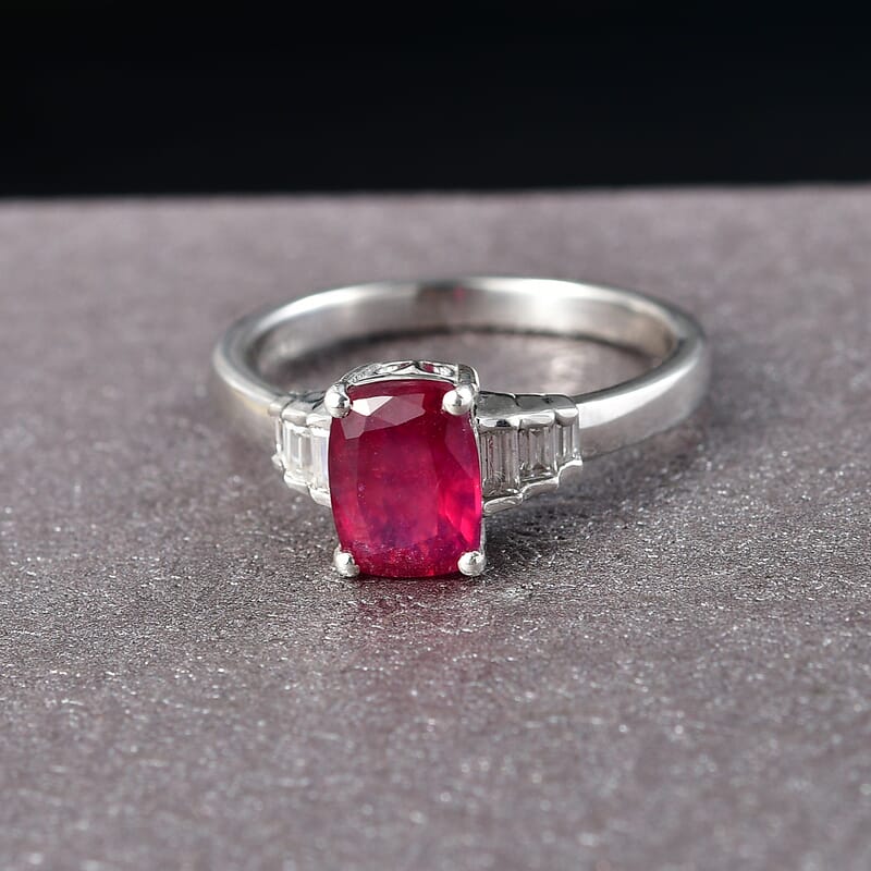 D'Joy Niassa Ruby (FF) and Moissanite 2.60 ctw Crimson Passion Ring in Rhodium Over Sterling Silver (Size 8.0)