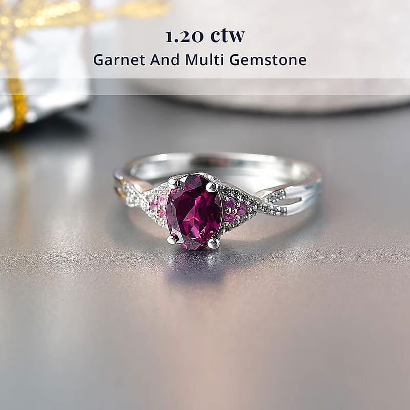 D'Joy Radiant Ember Garnet and Multi Gemstone 1.20 ctw Infinity Ring in Rhodium Over Sterling Silver (Size 5.0)