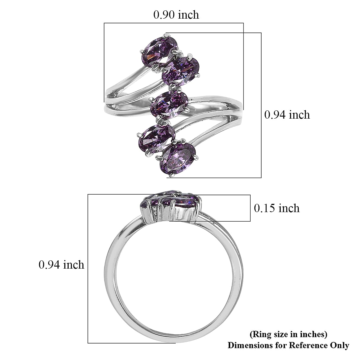 EverTrue Simulated Amethyst Color Diamond 5 Stone Ring in Stainless Steel (Size 10.0) 3.65 ctw