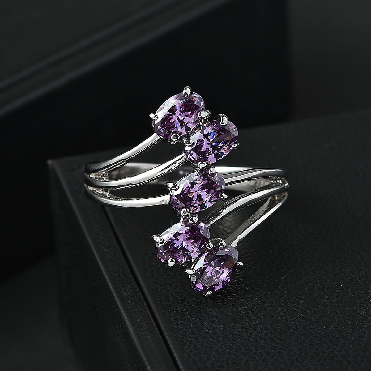 EverTrue Simulated Amethyst Color Diamond 5 Stone Ring in Stainless Steel (Size 8.0) 3.65 ctw image number 1