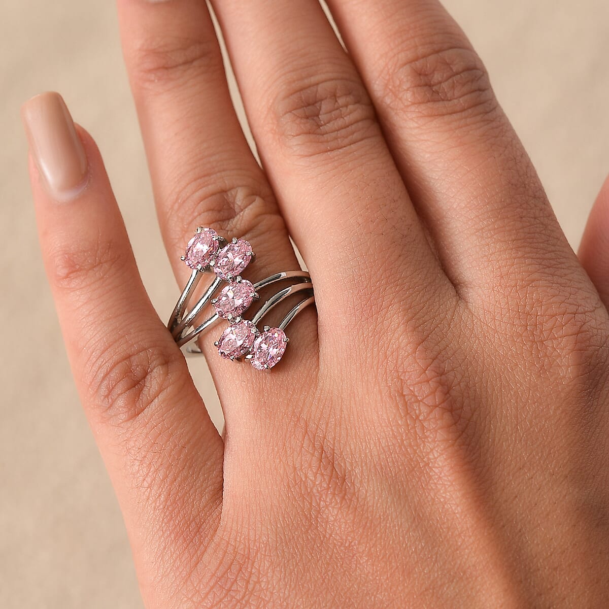 EverTrue Simulated PInk Diamond 5 Stone Ring in Stainless Steel (Size 7.0) 4.25 ctw image number 2