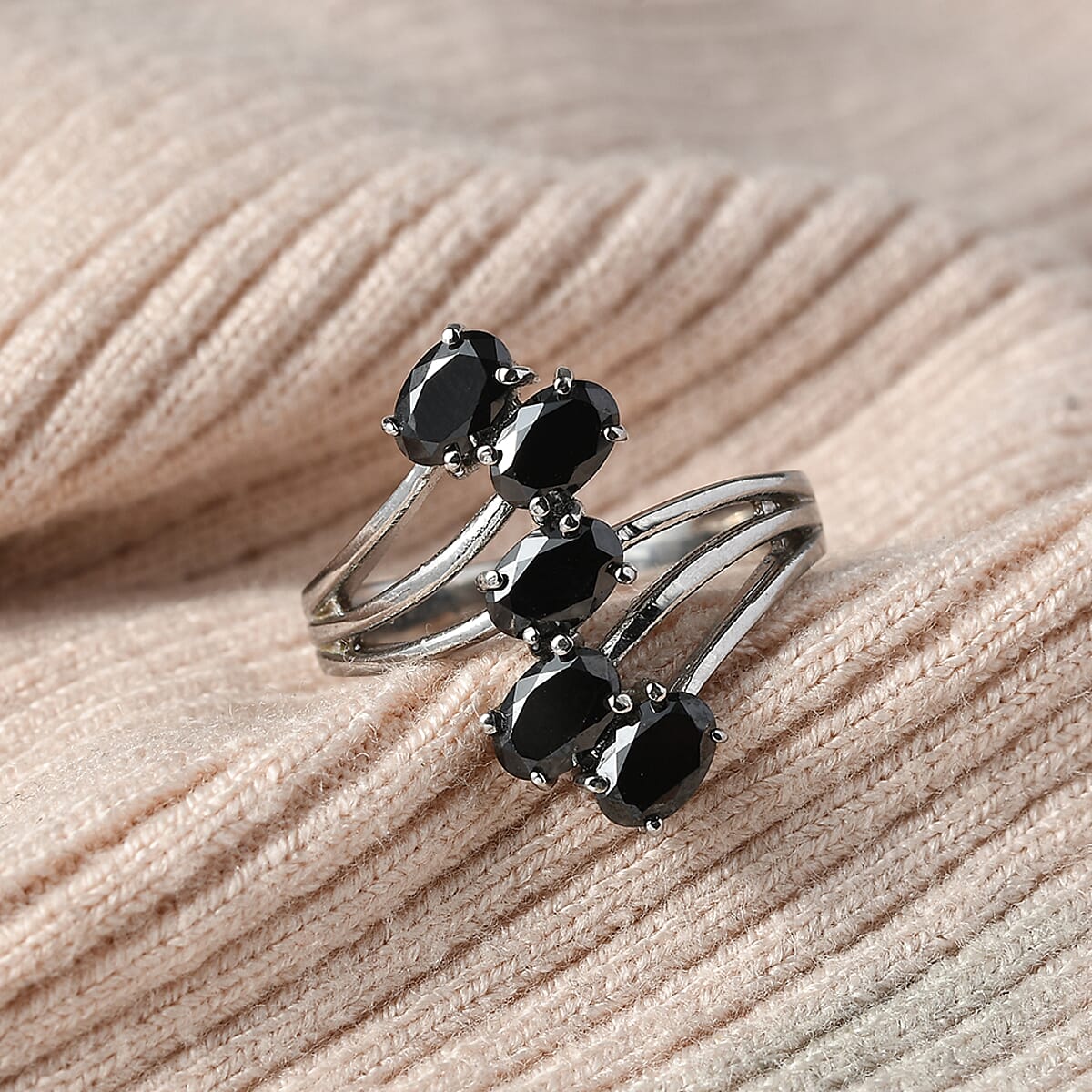 EverTrue Simulated Black Diamond 5 Stone Ring in Stainless Steel (Size 5.0) 3.50 ctw image number 1