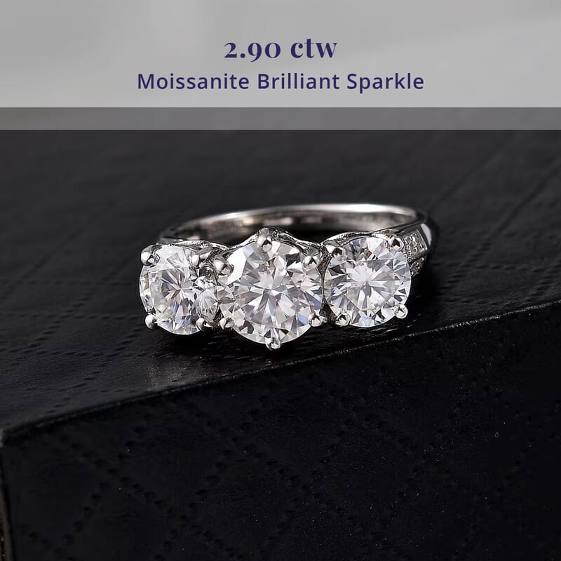 D'Joy Moissanite 2.90 ctw Ring in Platinum Over Sterling Silver (Size 10.0)