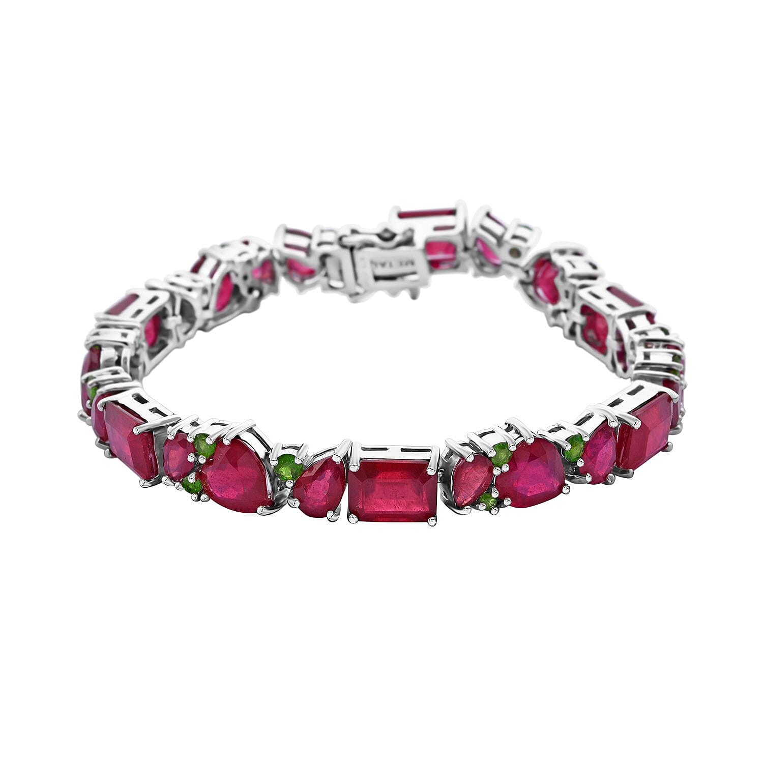 Niassa Ruby (FF) and Chrome Diopside 52.85 ctw Art Deco Bracelet in Rhodium Over Sterling Silver (7.50 In)