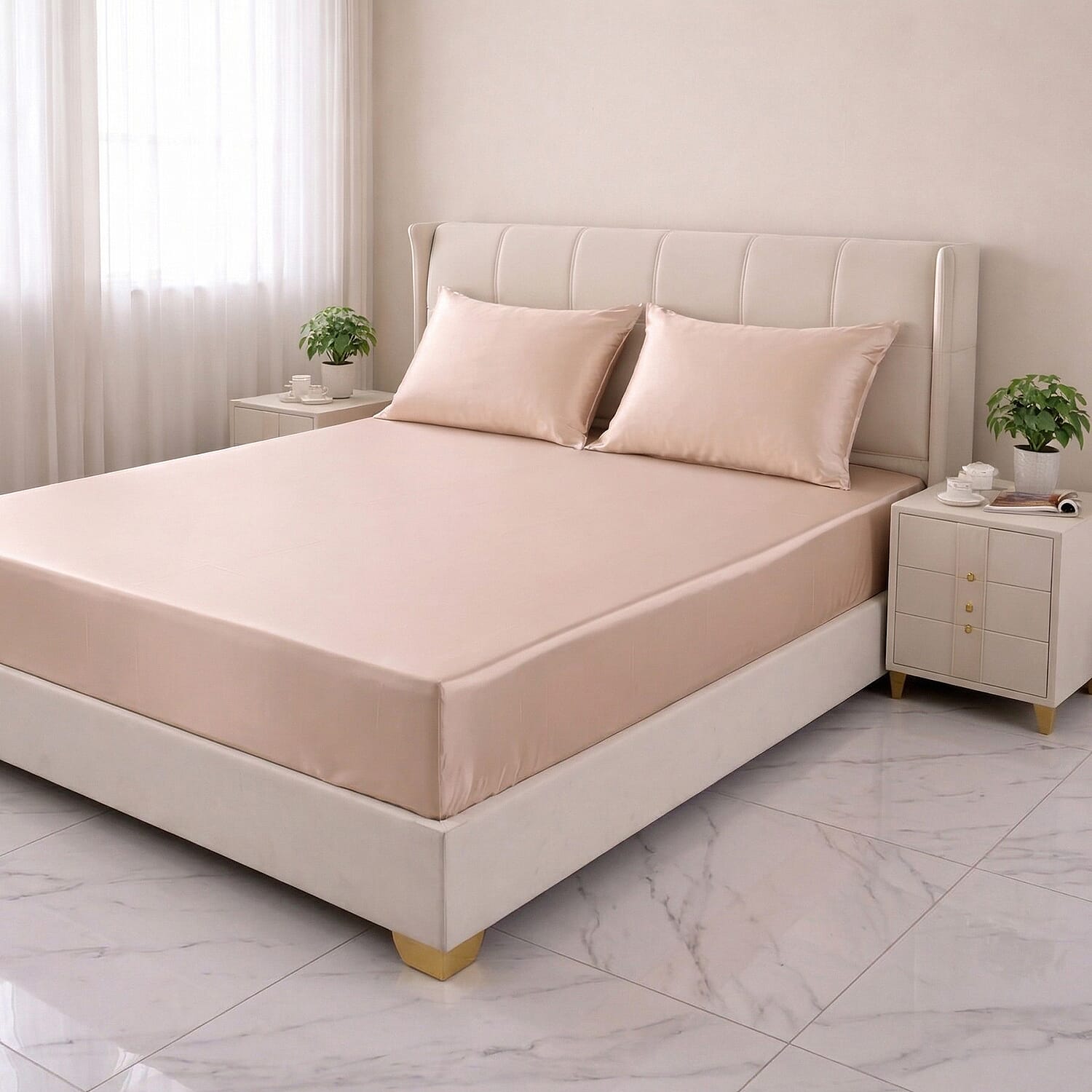 La Marey Signature Print Beige 100% Mulberry Silk 4pcs Sheet Set - Queen