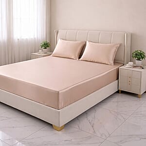 La Marey Signature Print Beige 100% Mulberry Silk 4pcs Sheet Set - Queen